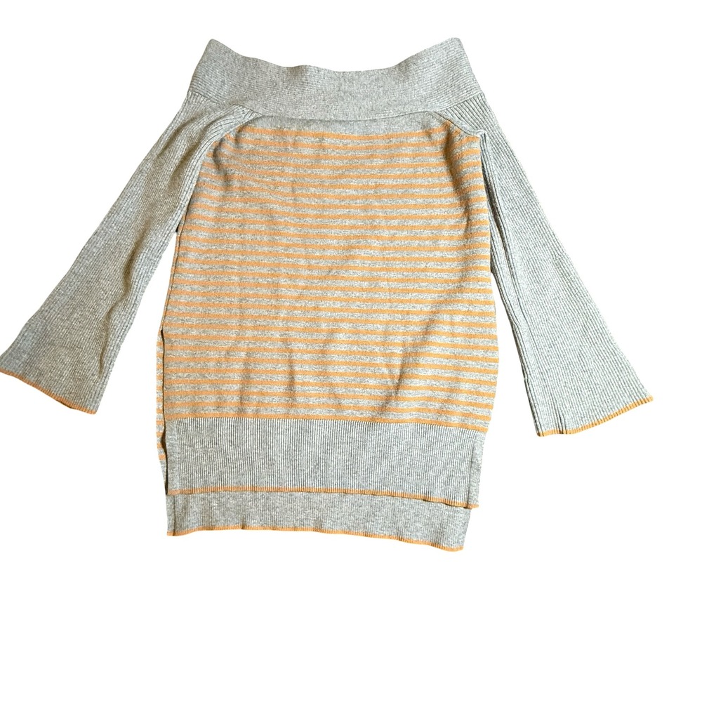 By Anthropologie Grey Orange Striped Boat Neck Bell Sleeve Knit Sweater Small